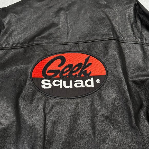 Geek Squad Leather Racing Stripe Jacket Black Orange Cream PC Techies Size L - Picture 4 of 15